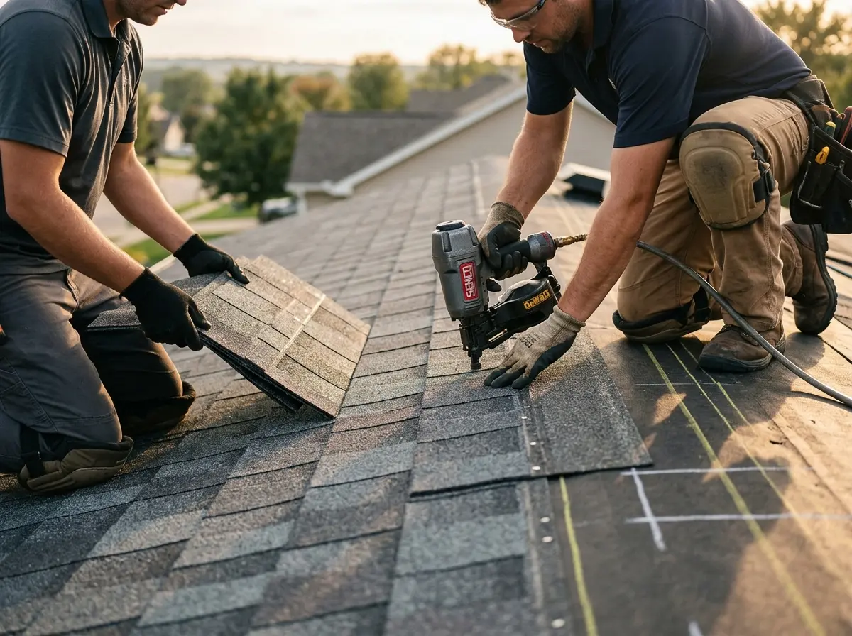 Professional roofer working on a residential roof in Walnut